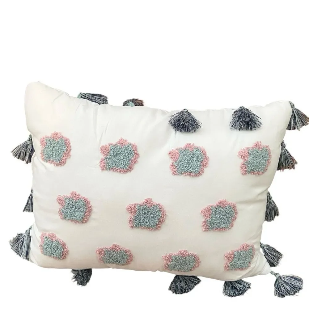 Small Decorative Rectangle Throw Pillow with Clouds and Pompoms